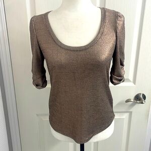 Maeve Gold Shimmer Blouse Short Puff Sleeve Ribbed Stretchy Fabric Size XS